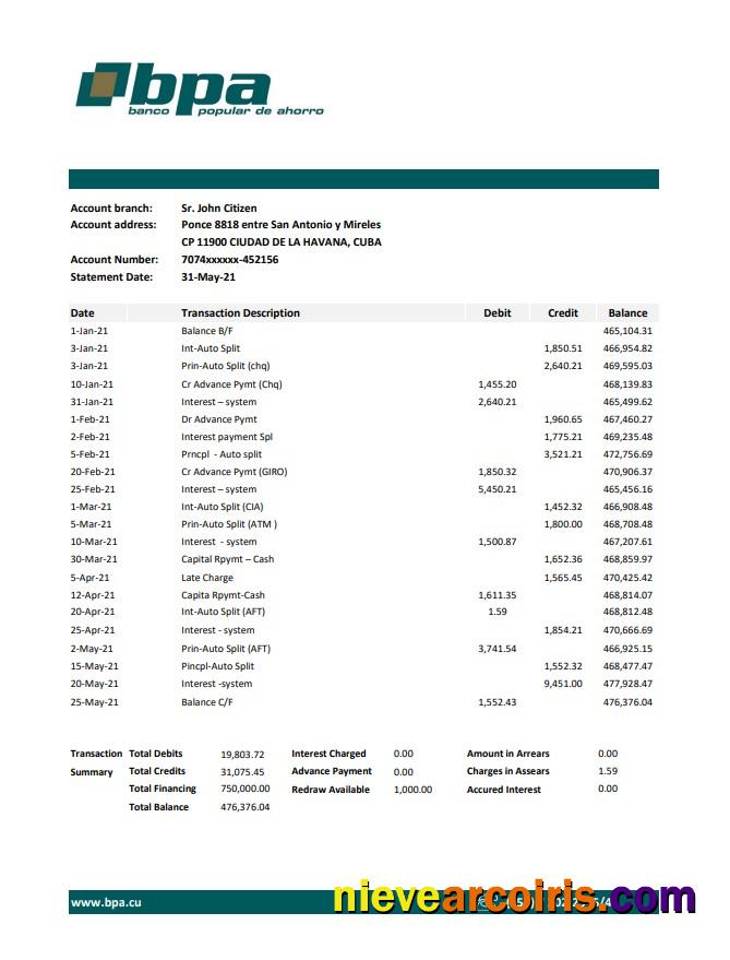 Cuba Banco Popular de Ahorro (BPA) bank statement easy to fill in Excel and PDF format